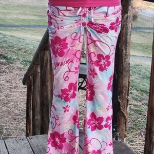 Pink And Blue Pants With Hibiscus Print And A Sinched Front For Any Rise